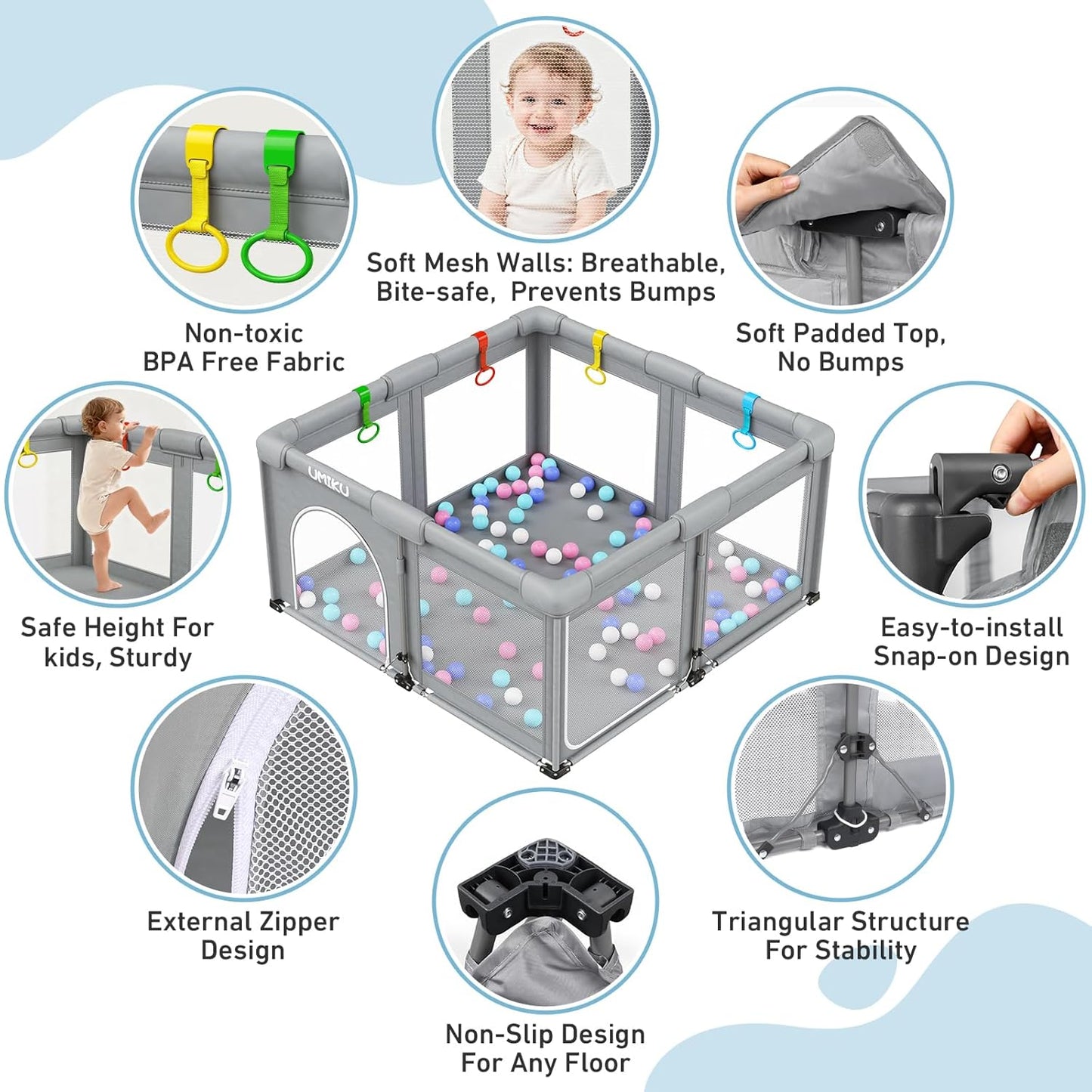 Baby Playpen Foldable Playpen for Babies and Toddlers, Large Playpens Portable Play Pen Play Yard for Kids Fence Indoor Outdoor Travel 4 Handlers 50 Balls Baby Gifts Essentials 50"X50" Dark Grey