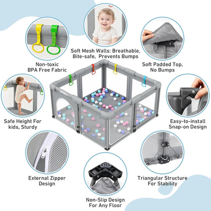 Baby Playpen Foldable Playpen for Babies and Toddlers, Large Playpens Portable Play Pen Play Yard for Kids Fence Indoor Outdoor Travel 4 Handlers 50 Balls Baby Gifts Essentials 50"X50" Dark Grey