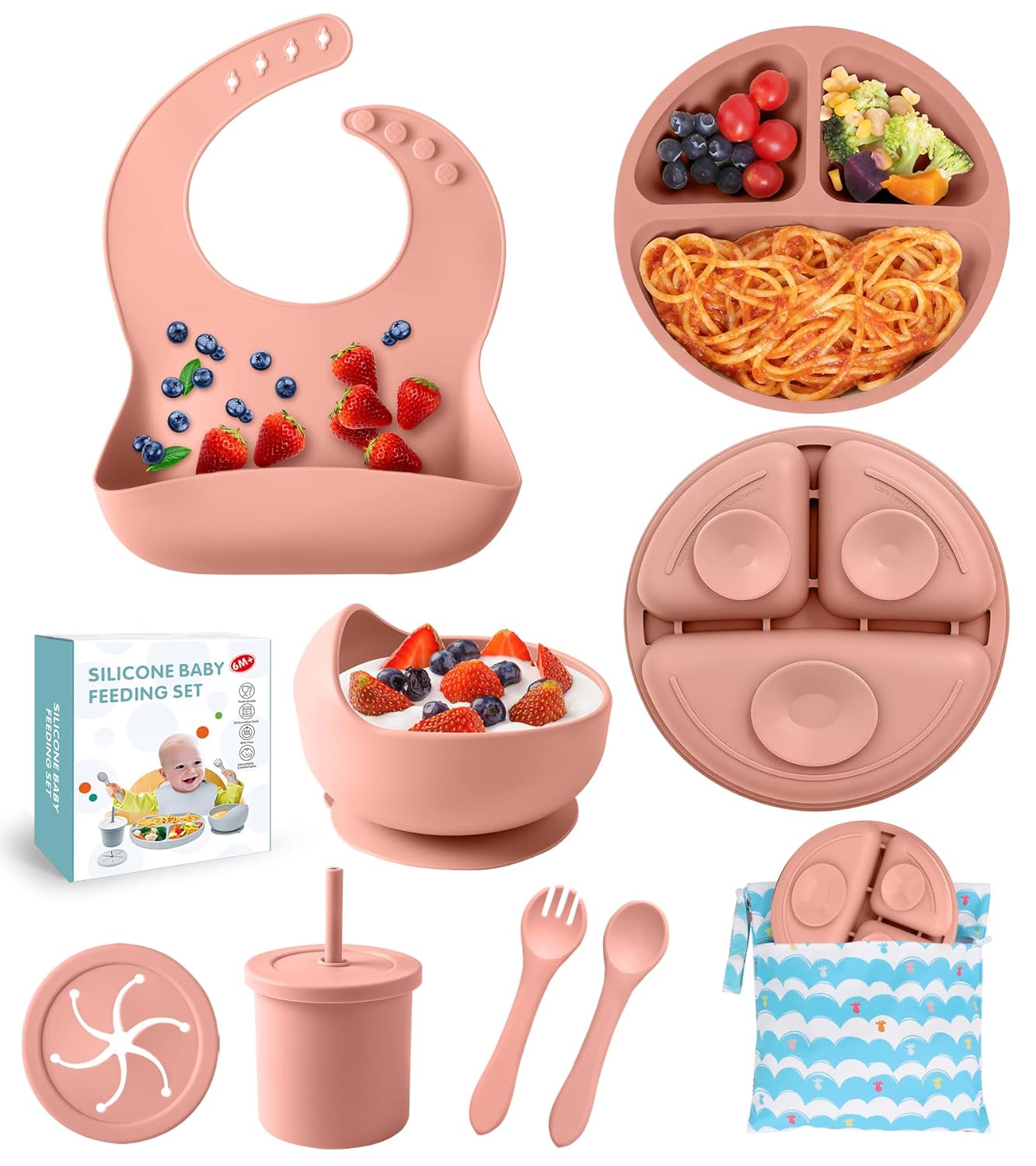 Silicone Baby Feeding Set, 10 Pcs Baby Led Weaning Supplies Baby Eating Essentials Set with Suction Bowl Divided Plate Adjustable Bib Soft Spoon Fork Cup with Lid Drinking Cup, Travel Bag (Blue)