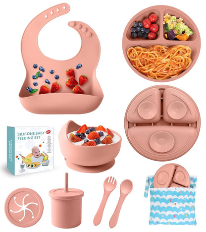 Silicone Baby Feeding Set, 10 Pcs Baby Led Weaning Supplies Baby Eating Essentials Set with Suction Bowl Divided Plate Adjustable Bib Soft Spoon Fork Cup with Lid Drinking Cup, Travel Bag (Blue)