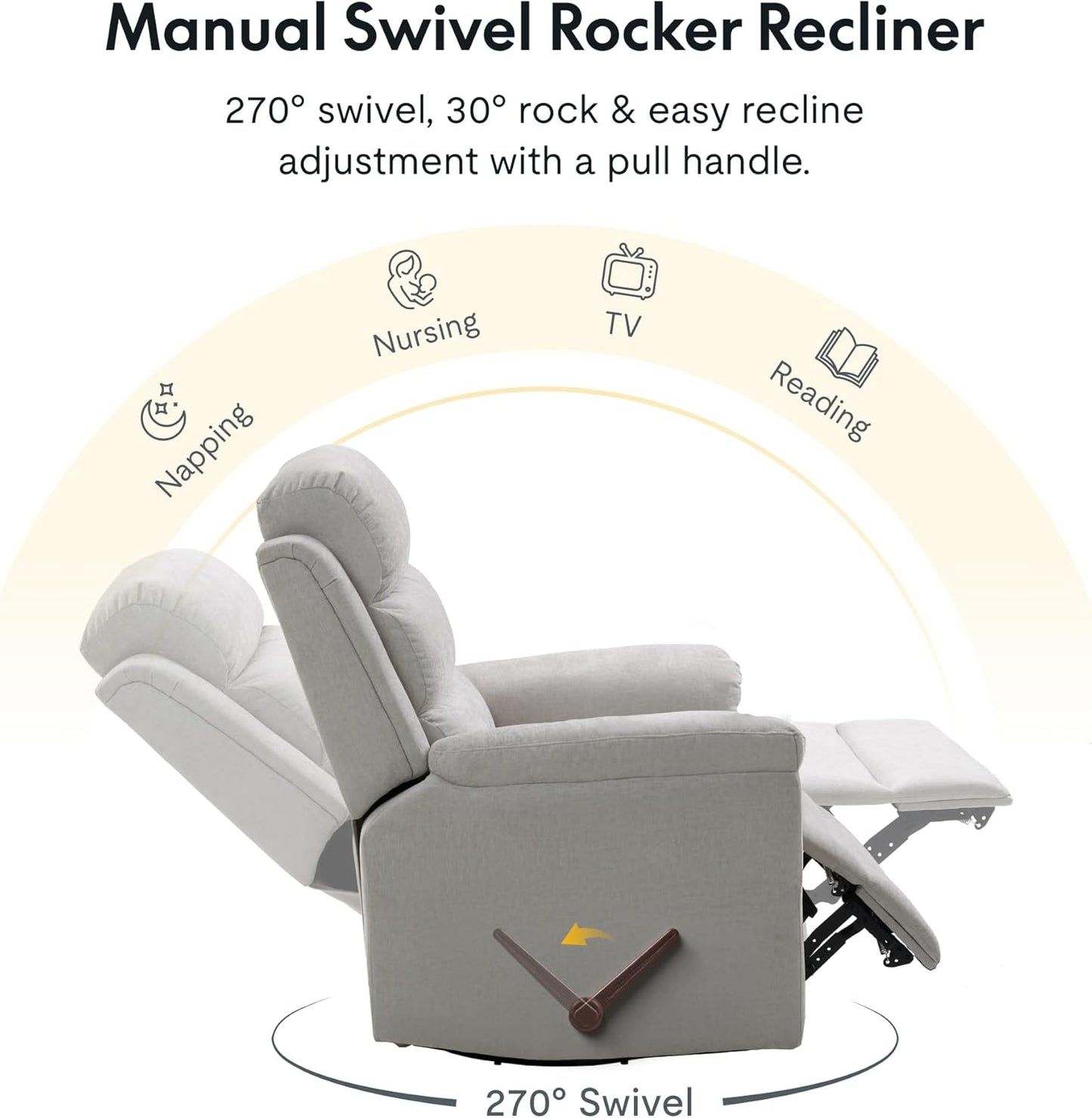 FLEXISPOT Souffle Swivel Rocker Recliner Chair for Adults, Nursery Rocking Glider Chair with Massage & Heat, FSC Wood Frame, Manual Recliner for Living Room, Nursery & Relaxation, Light Grey