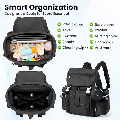 Diaper Bag Backpack with Changing Pad, Pacifier Case & Stroller Straps, Insulated Pockets Water Resistant Travel Essentials Baby Bag Multipurpose Travel Back, Big Storage in a Small Footprint