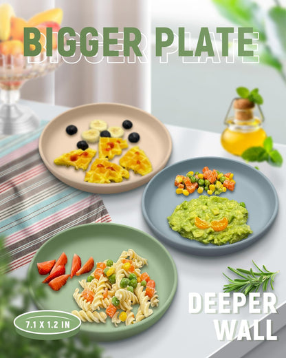 Classic Toddler Plates with Suction (3 Pack), Non Toxic & BPA Free Silicone Suction Plates for Baby Toddler Kids, Non Slip Baby Dinner Dishes Microwavable & Dishwasher Safe