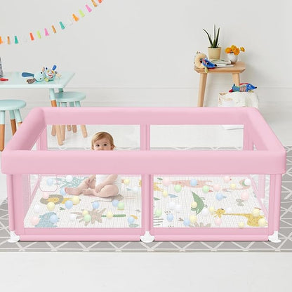Hiaksedt Large Baby Playpen with Mat 50"x50" Baby Girl Play Pen for Babies and Toddlers, Safe Structure and Soft, Skin-Friendly Fabric with Zipper Gates Pink