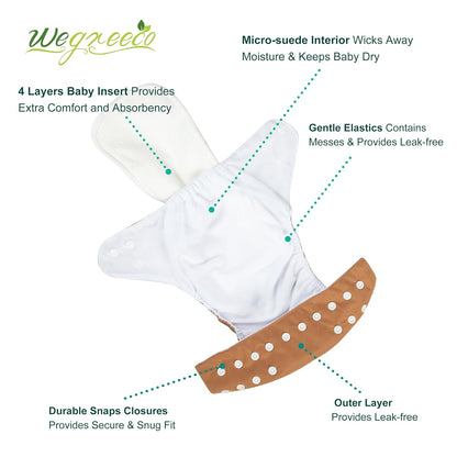wegreeco Cloth Diapers 6 Pack with 6 Inserts & 1 Wet Bag, Washable Cloth Diapers for Babies, One Size Adjustable Reusable (Flower)