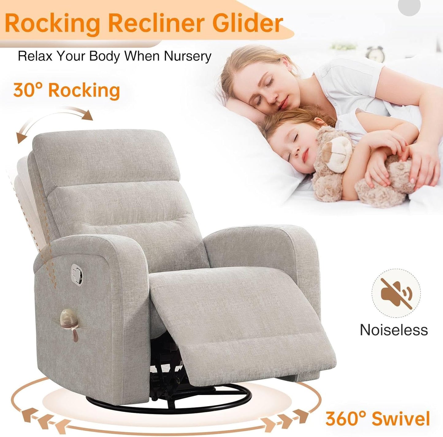 Power Swivel Rocker Recliner Chair for Nursery, Swivel Reclining Rocking Chairs, Electric Glider for Living Room, Upholstered Recliner Chairs for Bedroom, Corduroy White