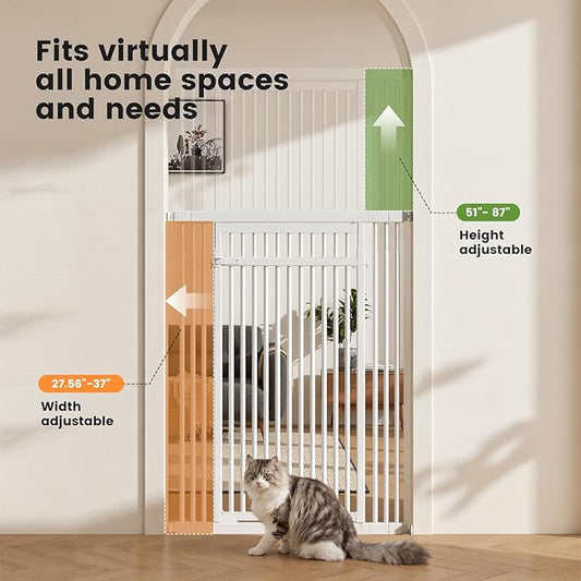 Gardner Pet 51"-87" Extra Tall Cat Gate for Doorway, Wide Adjustable 27.56"-37" Baby Gate Included 4 Extension Kits, Pressure Mounted Safety Full Door Gate for Stairs, Studio, Kitchen (Black)