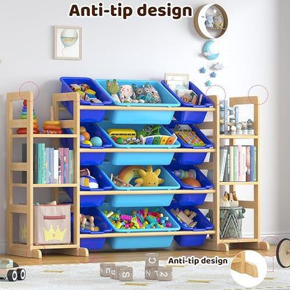 Large Toy Storage Organizer Kids Toy Organizer and Bookshelf Combo with 12 Bins and 6 Shelves Toy Organization Box Toy Shelf for Playroom, Bedroom, Nursery