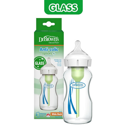 Dr. Brown's Anti-Colic Options+ Wide-Neck Glass Baby Bottle 9 oz/270 mL, with Level 1 Slow Flow Nipple, 1 Pack, 0m+ (Packaging May Vary)