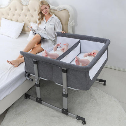 Ihoming Twin Bedside Bassinet for Baby Grey Co Sleeper Crib Attaches to Bed Double Bassinet Sleeper for Twins Infant Newborn Adjustable Safe Sleeping Solution
