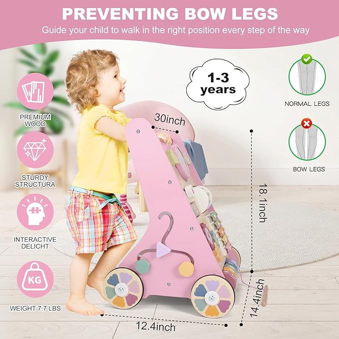 Wooden Baby Walker Wheels,Baby Push Walker for Babies 10 Months+ Montessori,Toddler Walker Push Toy Wooden Activity Walker for Boy,Walking Toys 12 Months+ Learning to Walk