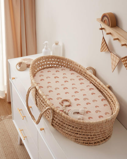 Blissful Diary Muslin Bassinet Sheets for Baby Girls Boys, Boho Soft Cotton Fitted for Oval Hourglass Rectangle Mattress, 2 Pack(Sunshine&Brown)