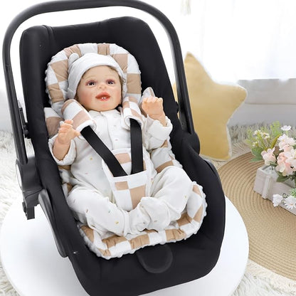 DILIMI Infant Car Seat Insert, Baby Car Seat Head Support with 3 Strap Paddings, Soft Newborn Car Seat Cushion for Stroller, Swing, Bouncers, Brown Checkered