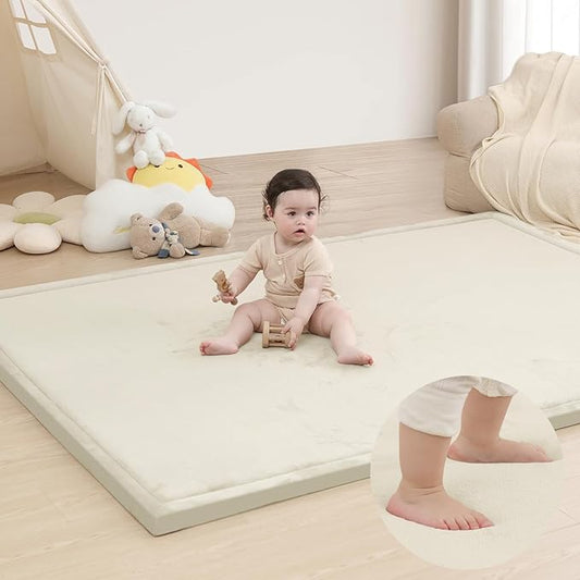 Extra Large 79"x118" Baby Activity Play Mat for Floor, 1.3" Thick Elasti Foam for Tummy Time & Crawling, Non-Slip Nursery Rug for Infants, Toddlers & Kids, Tatami Style Mat for Yoga, Living Room, Classroom & Playroom(Cream)