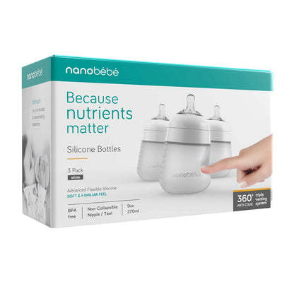 Nanobebe Flexy Silicone Baby Bottle, Anti-Colic, Natural Feel, Non-Collapsing Nipple, Non-Tip Stable Base, Easy to Clean 4-Pack, Pink/White, 5 oz