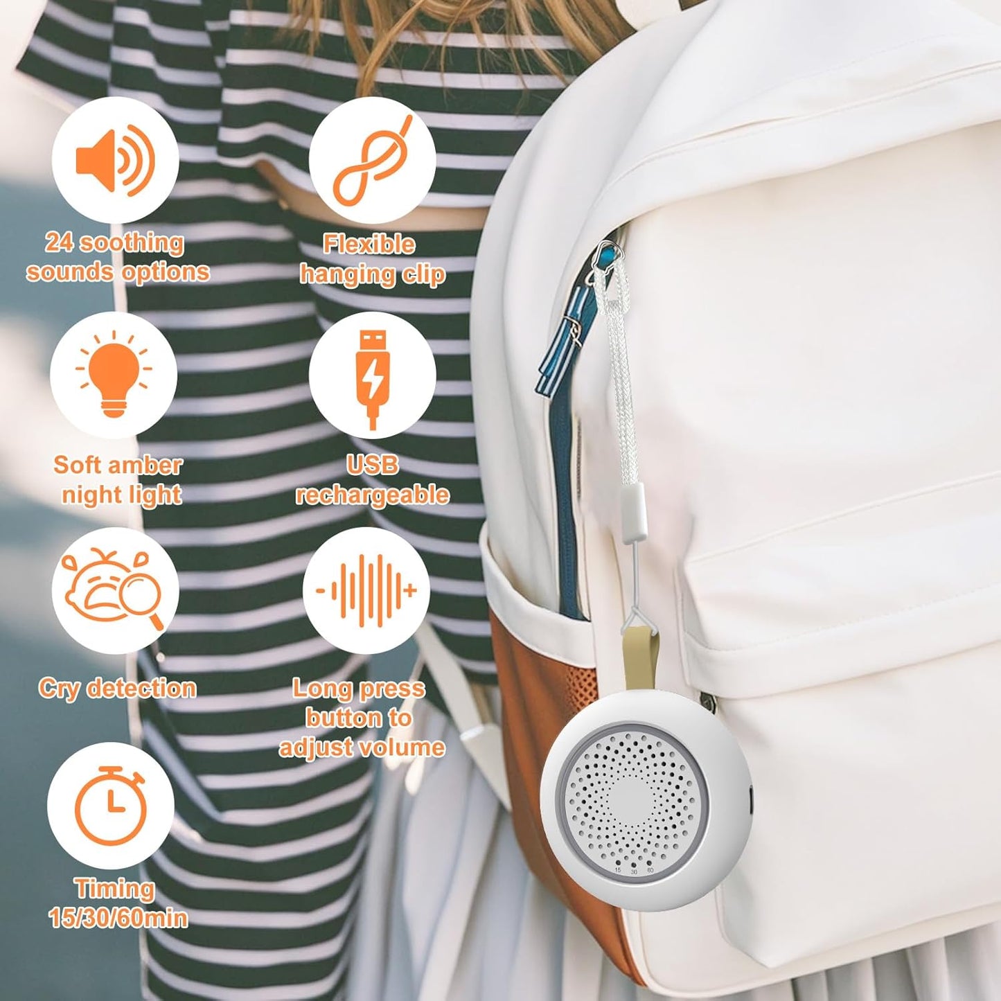 Portable White Noise Sounds Machine with Nightstand Mode, 24 Soothing Sounds, Support Crying Sounds Detection and Timer, Rechargeable Sleep Machine for Helping Comfort Baby Sleep