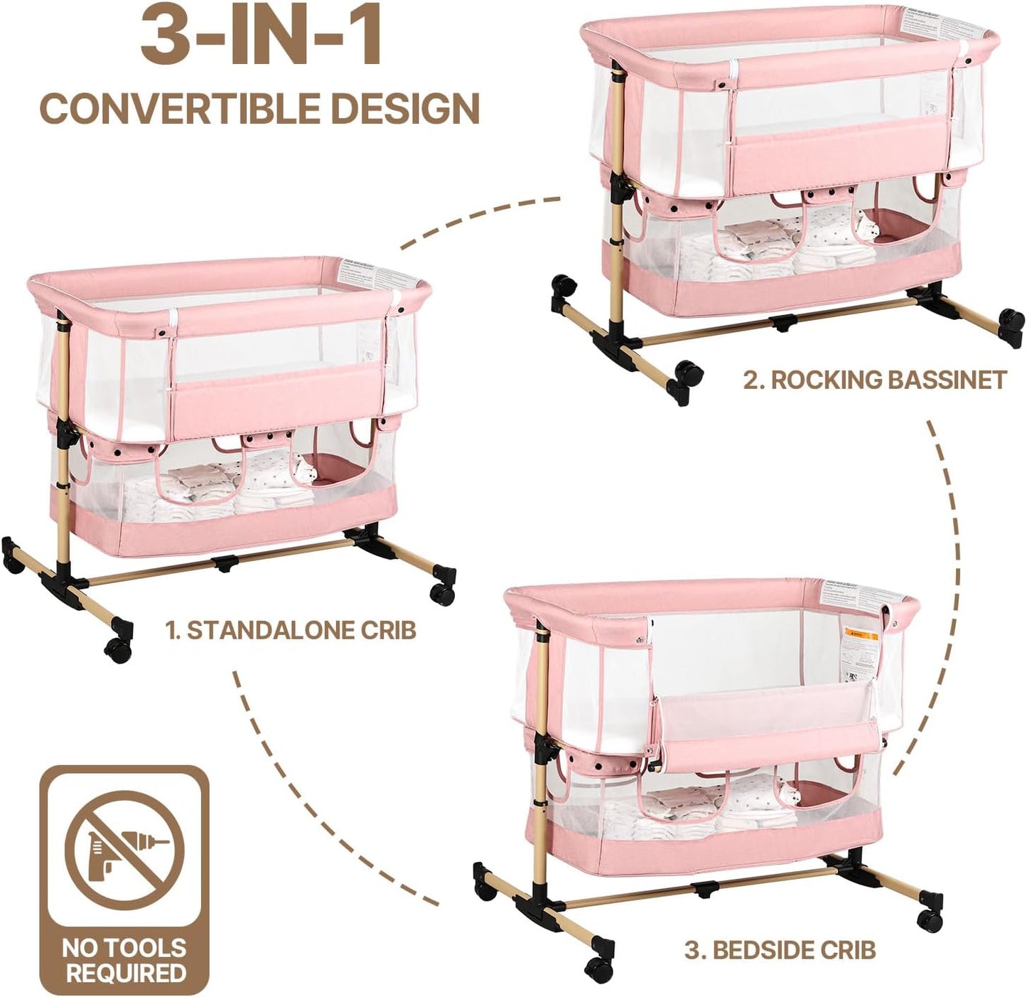 Baby Bassinet, 3 in 1 Infant Bassinet Bedside Sleeper, Bassinet with Cover, Rocking Bedside Bassinet for Baby with Storage Basket, Foldable & Adjustable Travel Crib (Light Pink)
