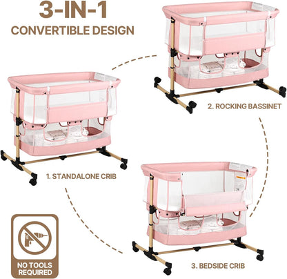Baby Bassinet, 3 in 1 Infant Bassinet Bedside Sleeper, Bassinet with Cover, Rocking Bedside Bassinet for Baby with Storage Basket, Foldable & Adjustable Travel Crib (Light Pink)