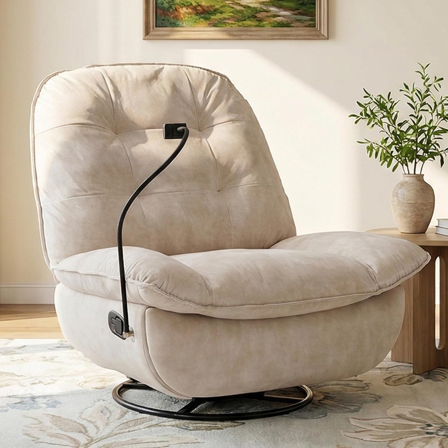 Swivel Rocker Recliner Chair for Adult, Glider Nursery Rocking Chair, Armless Manual Single Recliner Sofa for Living Room, Oversized & Overstuffed, Phone Holder Included, Light Brown Velvet