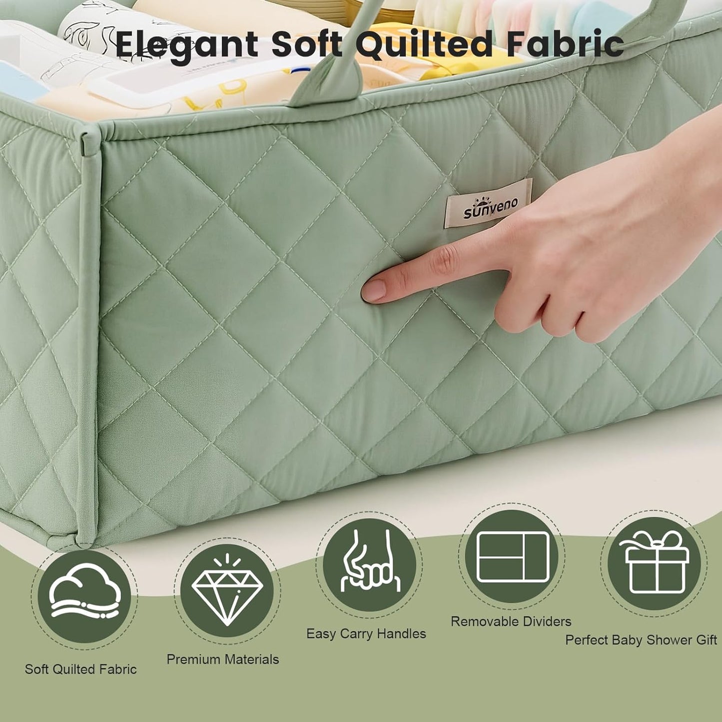 SUNVENO Quilted Diaper Caddy Organizer, Soft Padded Baby Diaper Caddy with Removable Dividers, Large Nursery Storage Basket for Diapers, Wipes and Baby Essentials, Portable Nursery Organizer, Brown