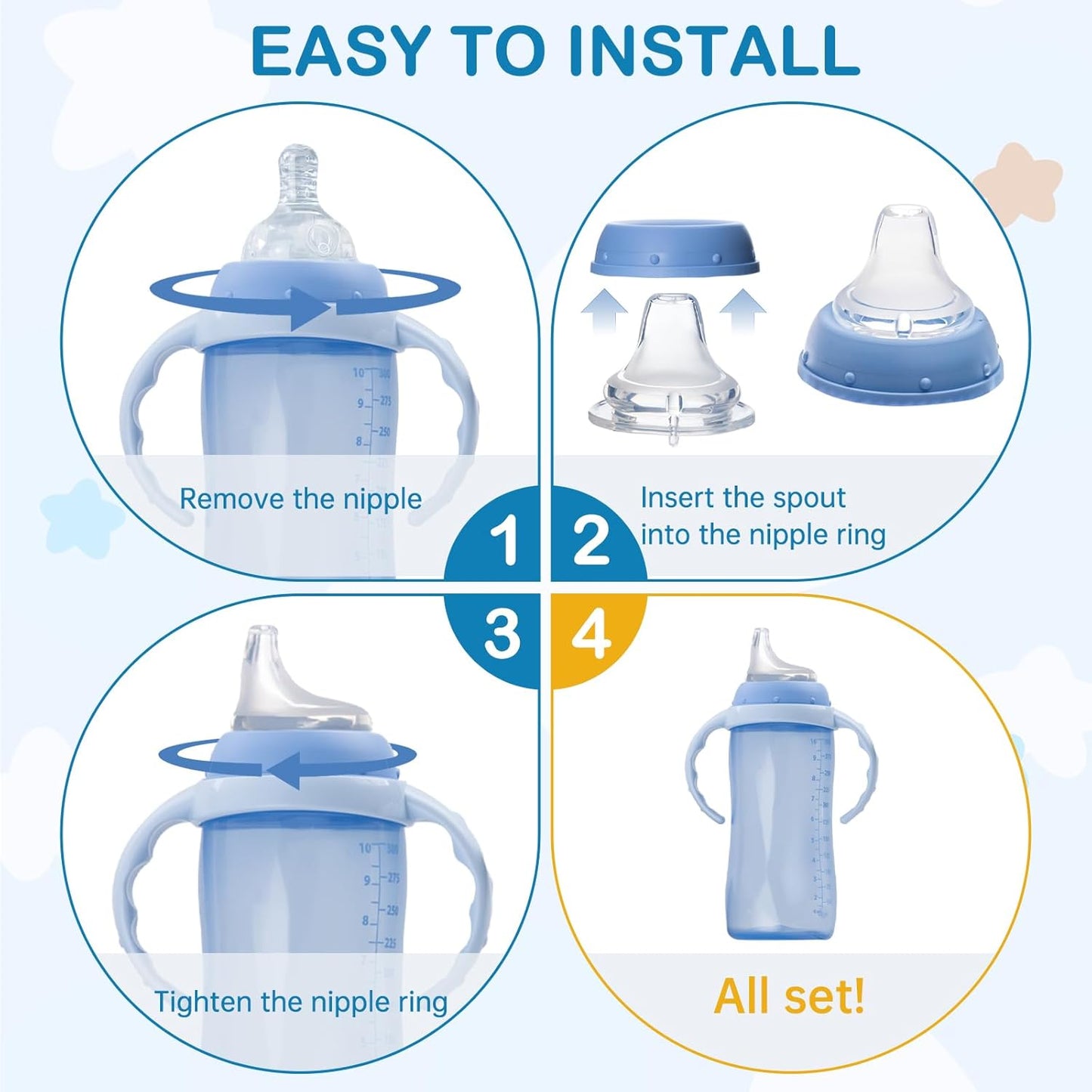 4Pack Replacement Silicone Spout Compatible with NUK, Soft Spout Replacement for NUK Active and Learner Cups, Easy Transition from Bottle to Cup, No Spill for Sippy Cup Nipples