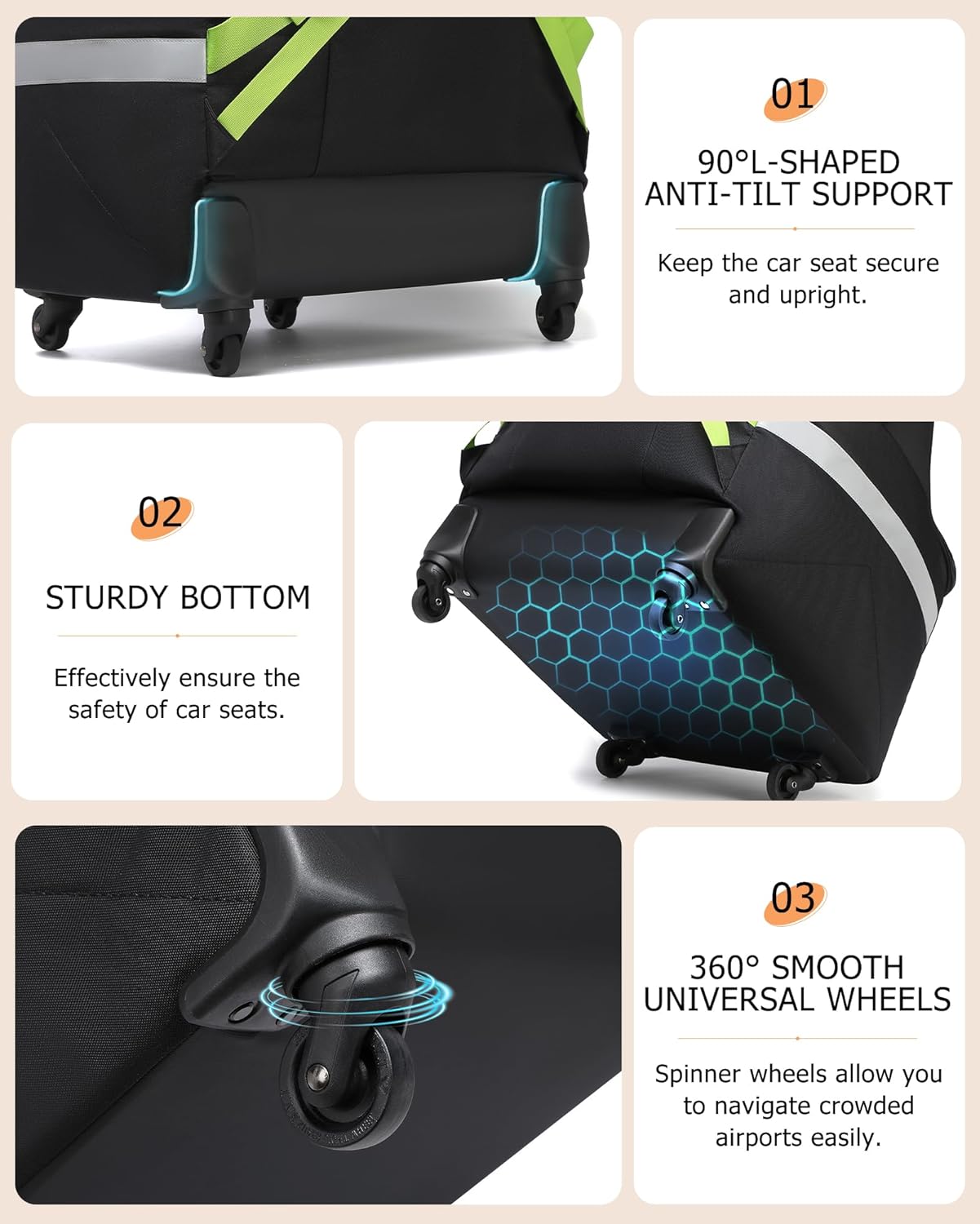 MCBD Car Seat Travel Bag for Airplane, Foldable Baby Carseat Backpack for Travel Padded Carseat Carrier for Airport Gate Check, Infant Stroller Cover with Reflective Strips