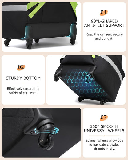 MCBD Car Seat Travel Bag for Airplane, Foldable Baby Carseat Backpack for Travel Padded Carseat Carrier for Airport Gate Check, Infant Stroller Cover with Reflective Strips