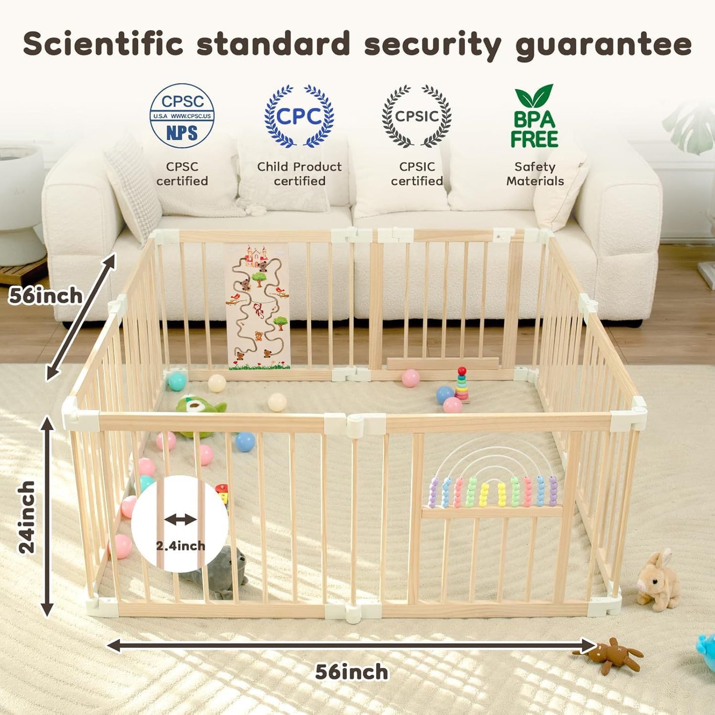 Ulnxiy Foldable Wooden Baby Playpen Activity Center,Adjustable Size & Shape Portable Play Yard, Baby Fence Play Area with Gate for Indoor Use for Babies and Toddlers(84x56x24inches)