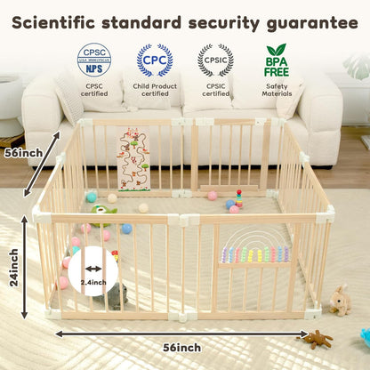 Ulnxiy Foldable Wooden Baby Playpen Activity Center,Adjustable Size & Shape Portable Play Yard, Baby Fence Play Area with Gate for Indoor Use for Babies and Toddlers(84x56x24inches)