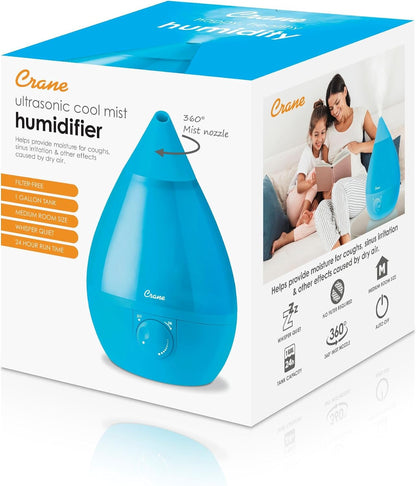 Crane Ultrasonic Cool Mist Humidifier for Bedroom, Baby Nursery, Kids Room, Plants, or Office, Large 1 Gallon Tank, Filter Optional, Clear and White