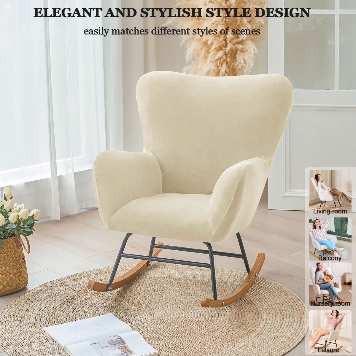 Levoberg Nursery Rocking Chair Cover Velvet Rocker Glider Chairs Cover Slipcovers Stretch Rocking Accent Chair Cover Recliner Armchair Slipcover for Nursery Living Room Bedroom Office Camel