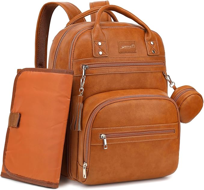 ROSEGIN Premium Vegan Leather Diaper Bag Backpack with Waterproof Changing Pad, Reinforced Zippers & Odor-Free, 20 Pockets Pro Organizer, Fits 15.6" Laptop, Stroller Straps, Baby Bag for Mom, Brown