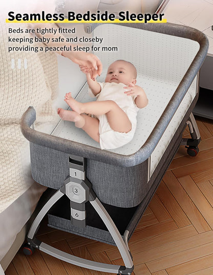 Baby Bassinet, Bedside Bassinet for Baby, 4 in 1 Portable Bassinet Bedside Sleeper with Wheels Mosquito Net & Storage Basket, 6 Height Adjustable Rocking Bassinet for Newborn Baby