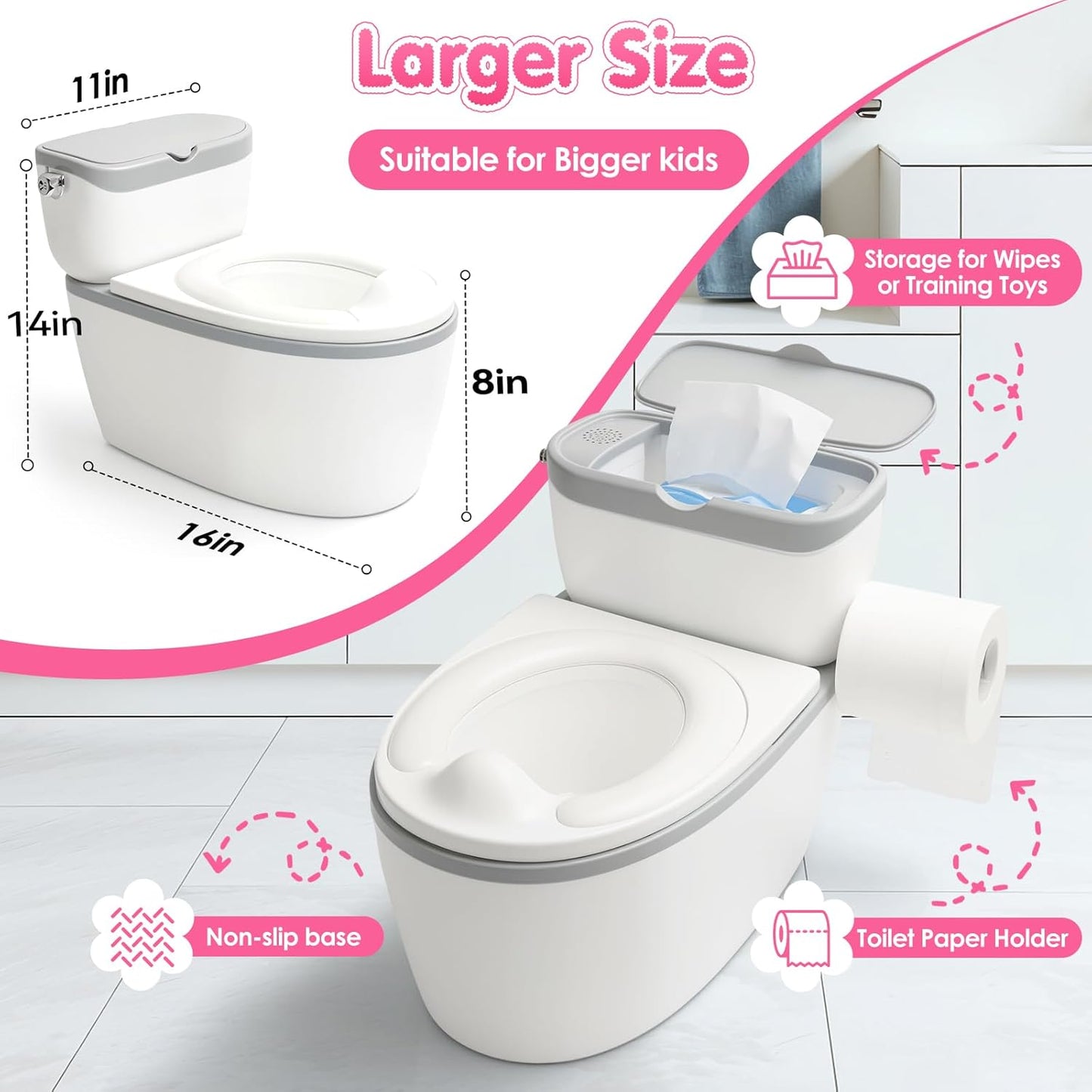 TOSGN 3-in-1 Toddler Potty Training Toilet, for Ages 6 Months+, Realistic Potty Training Seat with Flushing Sound, Wipes Storage, Toilet Paper Holder