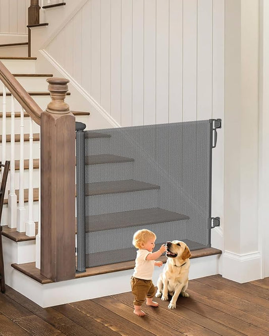 Retractable Baby Gate for Stairs – 34" Height, Expands up to 71" Width, Safety Gate for Infants, Toddlers, Dogs & Pets, Easy Install, Gray Puppy Gate for Indoor & Outdoor Use, Gray