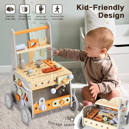 labebe Wooden Baby Walker, Baby Push Walker, Tool Toy for Toddlers, Adjustable Speed Baby Walker with Wheel, Learning Activity Walker for Girls Boys