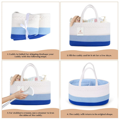 luxury little Diaper Caddy Organizer, Large Cotton Rope Nursery Baby Basket, Changing Table Organizer for Baby Diaper Storage, Portable Car Organizer Removable Divider (Off White, Large)