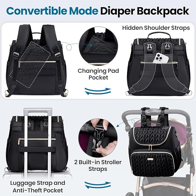 Tealari 4 in 1 Convertible Diaper Bag Backpack,Waterproof Baby Diaper Bag with Changing Pad,Converts into Baby Tote Bag,Diaper Backpack,Stroller Bag and Crossbody Diaper Bag