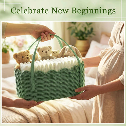 Premium PE Rattan Diaper Caddy Organizer with Handles, Easy-clean PE Wicker Storage Basket, Sage Green Nursery Organizer for Baby Essentials & Baby Shower Gifts