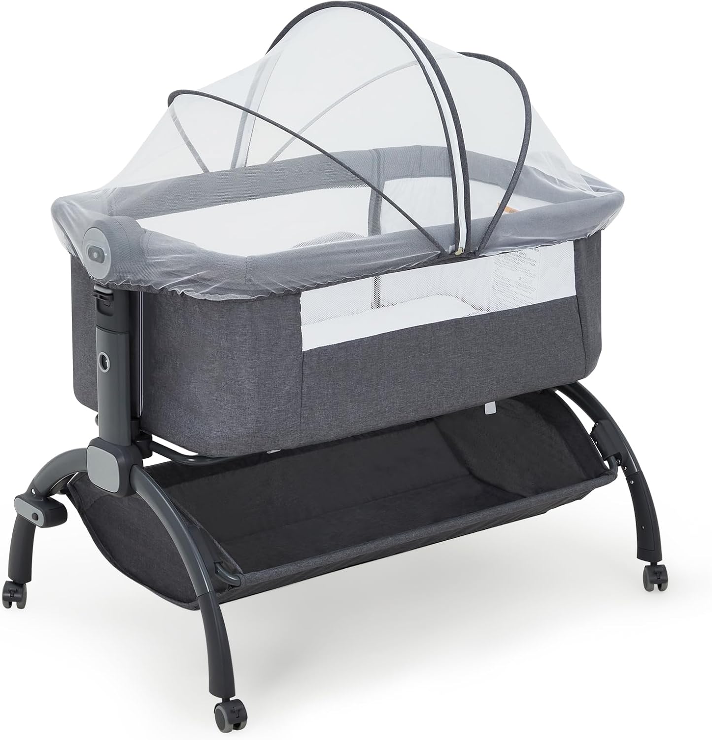 GarveeTech Bedside Bassinet Baby Bassinet for Baby, 3 in 1 Bedside Sleeper with Baby Co-Sleeper Travel Crib with Detachable Mosquito Net & Storage Basket | Adjustable Height, Wheels Included (Khaki)