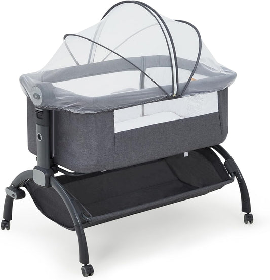 GarveeTech Bedside Bassinet Baby Bassinet for Baby, 3 in 1 Bedside Sleeper with Baby Co-Sleeper Travel Crib with Detachable Mosquito Net & Storage Basket | Adjustable Height, Wheels Included (Khaki)