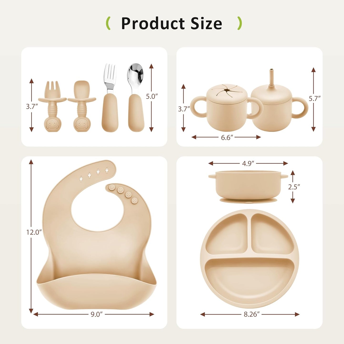 Bufims Silicone Baby Feeding Set, Baby Led Weaning Supplies, Eating Essentials Utensils with Suction Plate and Bowl, Pocket Bib, Sippy Cup with Lid, Forks Spoons Snack Container, for 6+ Months, Green