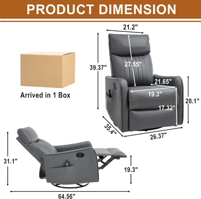Manual 360° Swivel Rocker Recliner Chair for Adults, Overstuffed Glider Chair for Nursery with Vibration Massage and Heat, Comfy Soft Fabric Glider with Side Pockets for Living Room, Beige