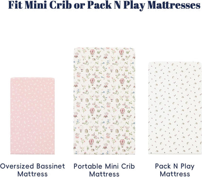 PHF 3 Pack Soft Mini Crib Sheets, Floral & Animal Pack N Play Sheets for Baby Boys Girls, No Slip Universal Fit for Pack N Play, Playard, Portable and Mini Crib Mattresses,Floral & Animal