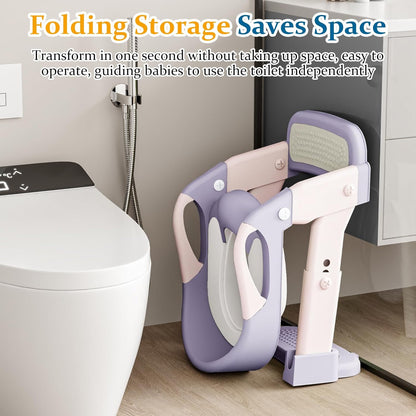 Potty Training Seat 3-in-1 Toddler Toilet Ladder (Toilet, Ladder, Squatting Aid) for Children Boys Girls with Removable Cushion, Anti-Splash & Foldable Design - Grey