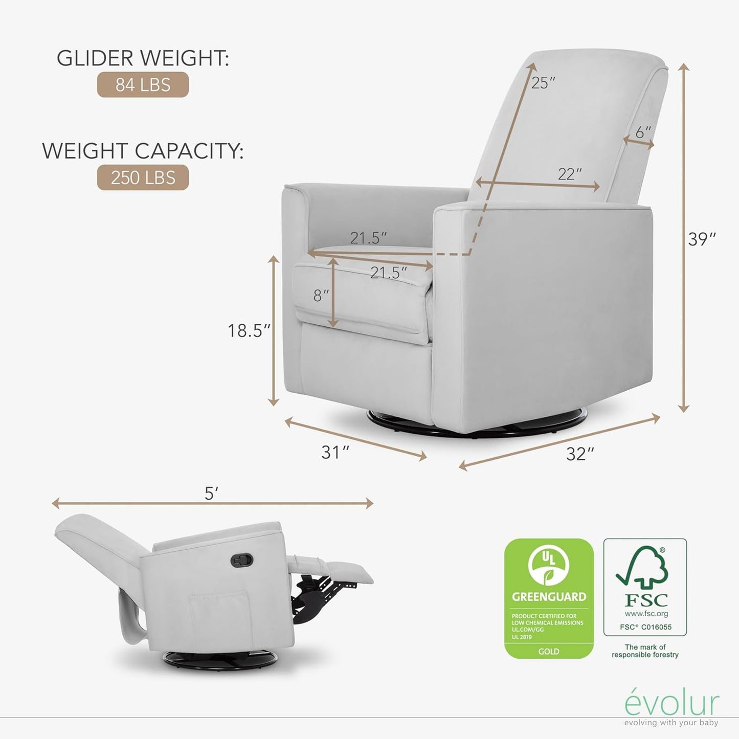 Evolur Raleigh Upholstered Manual Glider Recliner– Rocking & 360° Swivel with Smooth Glide – Greenguard Gold & FSC Certified – Modern Nursery and Living Room Chair in Light Sand