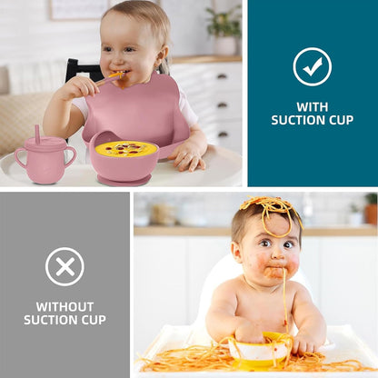 100% Silicone Baby Feeding Set, BPA Free Baby Dishes with Suction Bowl, Divided Plate, Toddler Self Feeding Dish Set with Spoons, Forks, Sippy Cup and Bib, Baby Eating Utensils (Navy Blue)