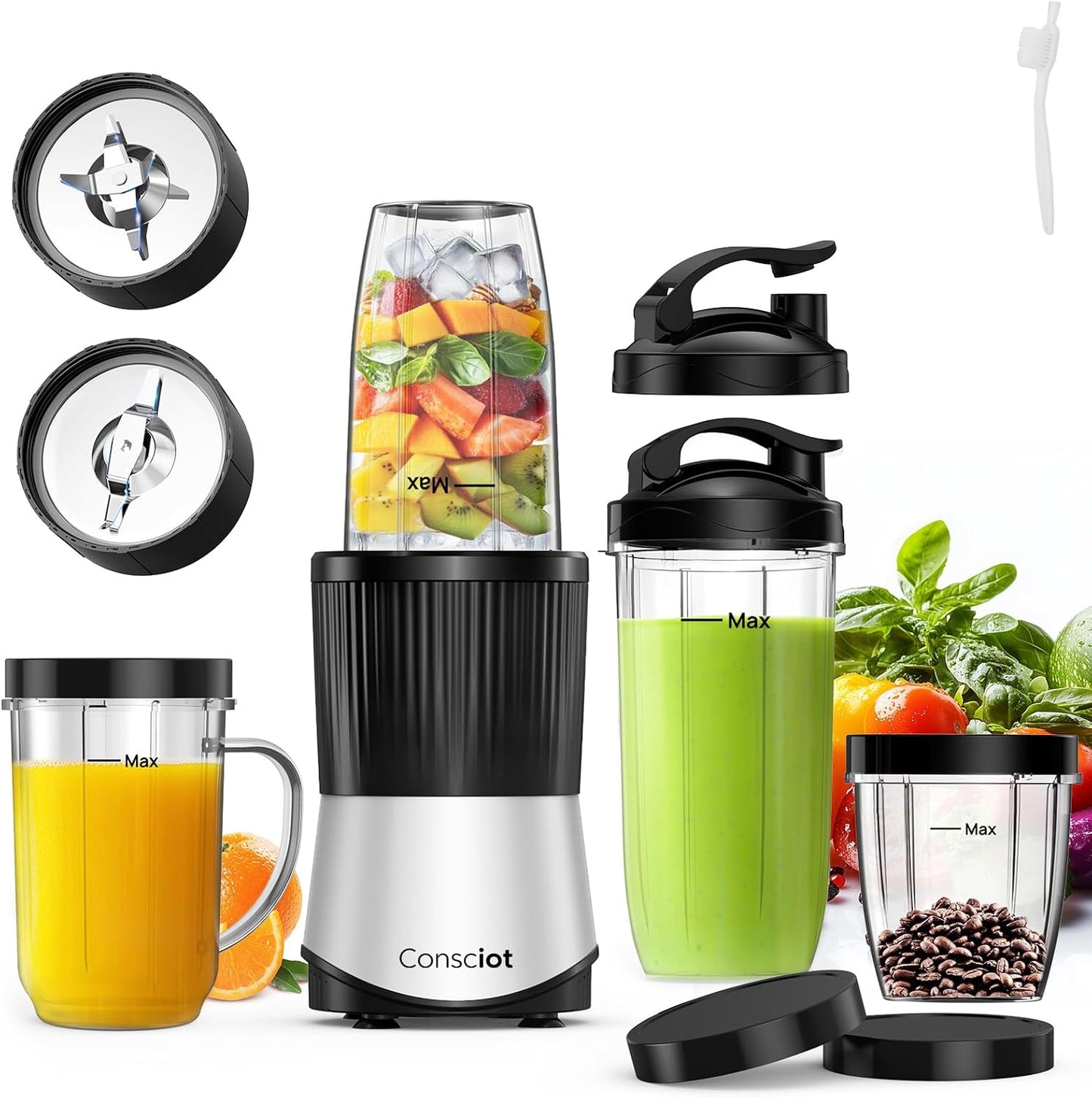 Consciot CB08 11-Piece Blender for Kitchen and Personal Size, Blend Shakes and Smoothies, Frozen Drinks, Baby Food, Spreads & More, 3 Portable To-Go Cups & 2 Spout Lids & 1 Solid Lid, 900 Peak Watts