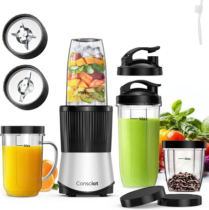 Consciot CB08 11-Piece Blender for Kitchen and Personal Size, Blend Shakes and Smoothies, Frozen Drinks, Baby Food, Spreads & More, 3 Portable To-Go Cups & 2 Spout Lids & 1 Solid Lid, 900 Peak Watts