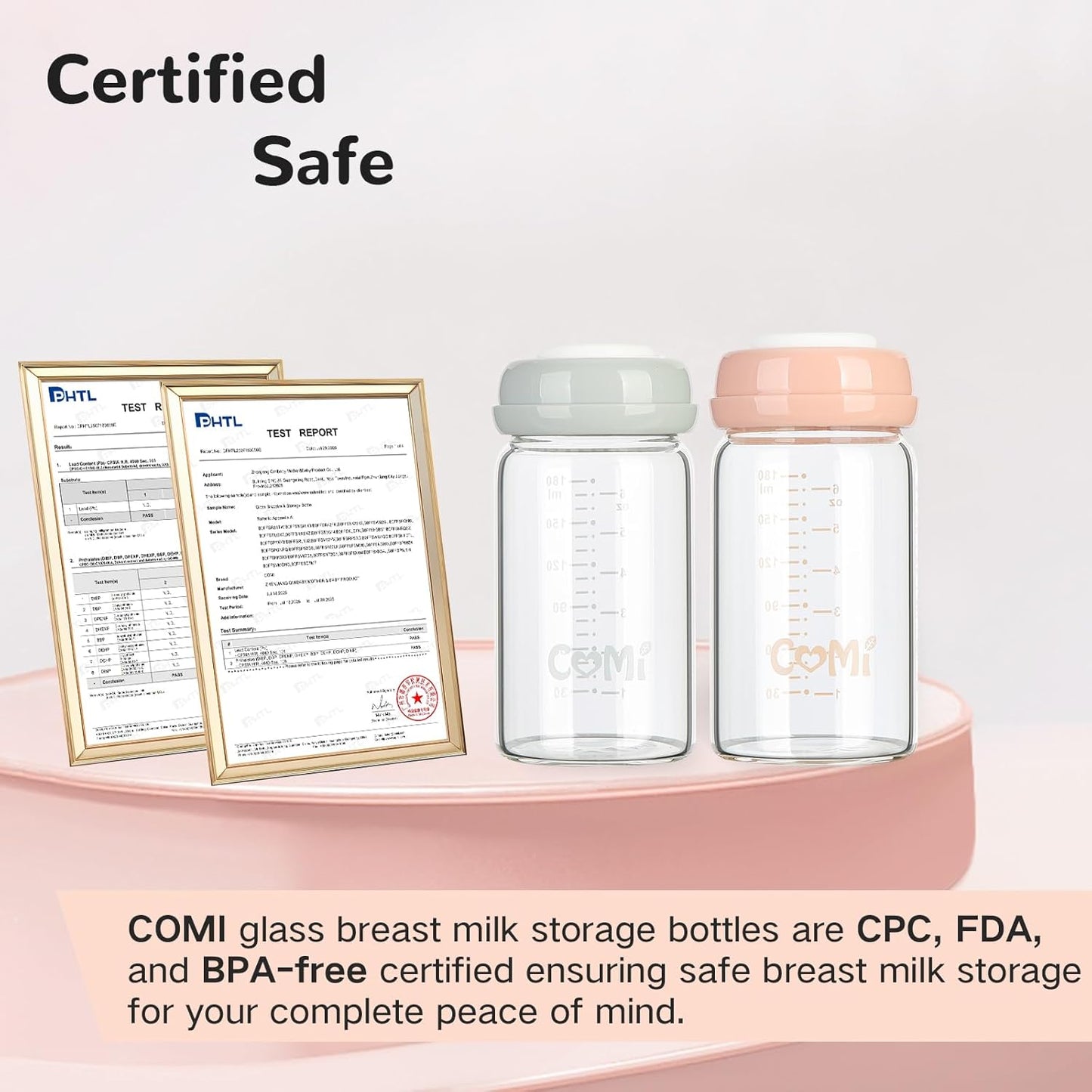 COMI Natural Glass Baby Bottle,Breastmilk Storage Bottle for Fridge,Wide Neck Breast Milk Container with Dome Cap,Fits Breast Pumps & Nipples,BPA Free,4PCS (6oz,4 Gray Lids)